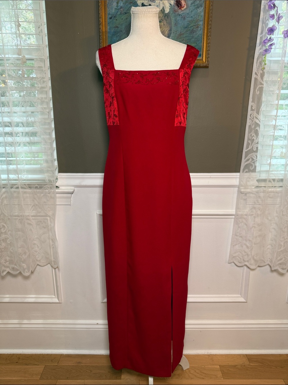 Liz Claiborne Red Beaded Formal Maxi Dress Size 6 Holiday Evening Gown Y2K